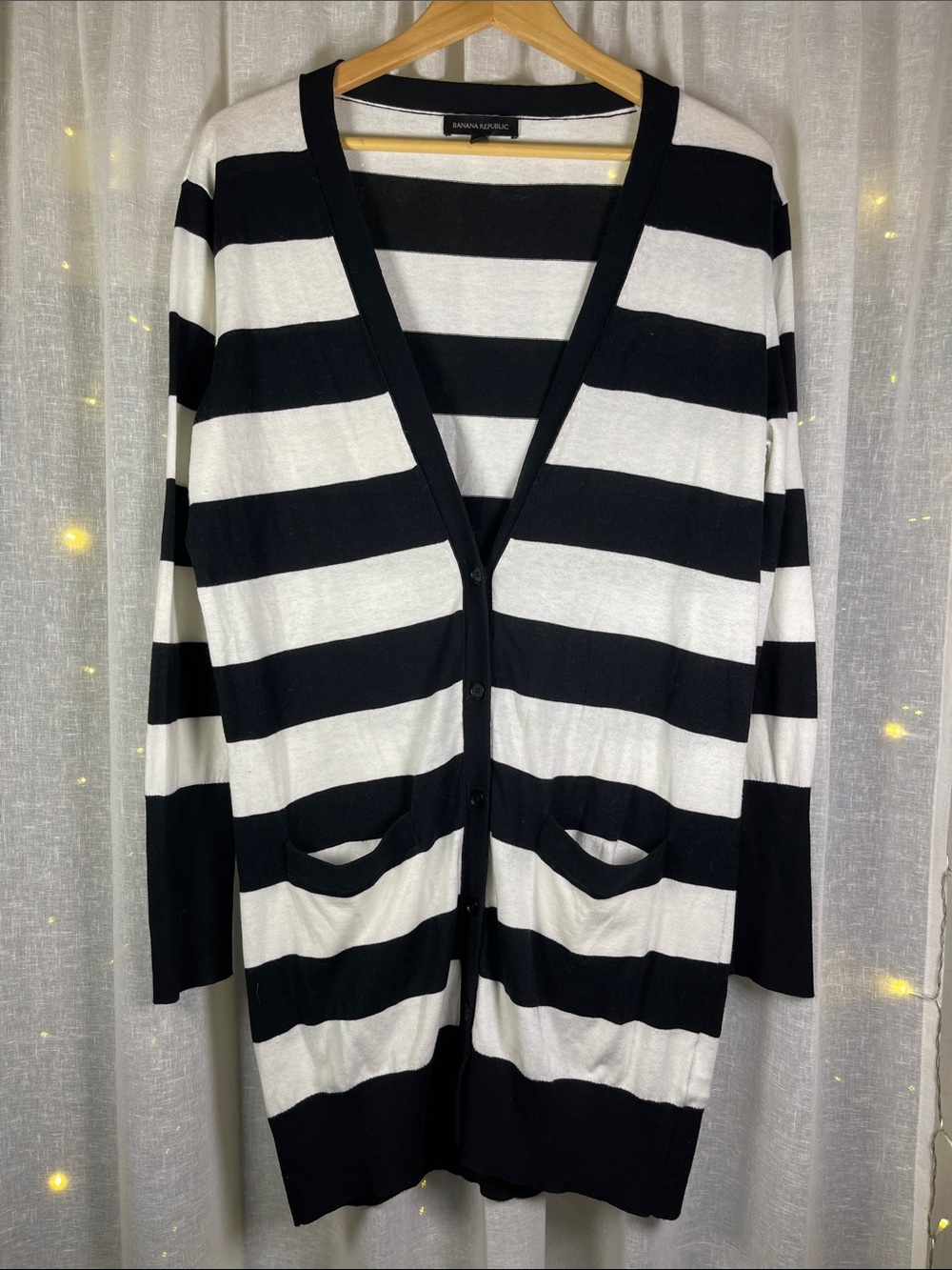 Banana Republic Black & White Striped Long V-Neck Cardigan